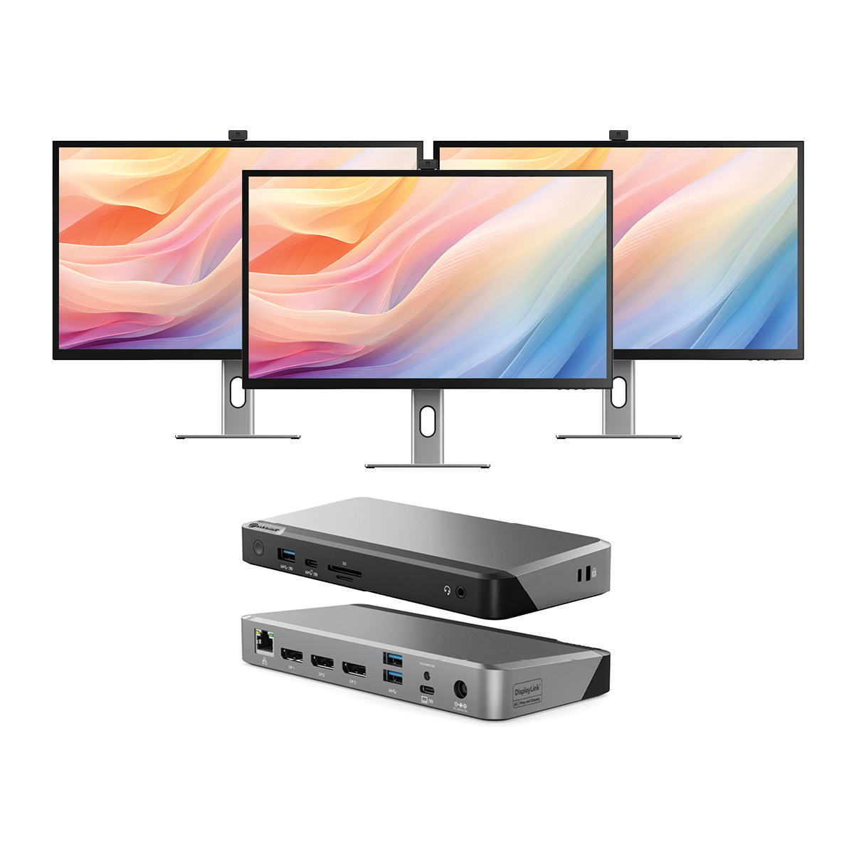 Clarity Max Pro 32" UHD 4K Monitor with USB-C Power Delivery and Webcam (Pack of 3) + DX3 Triple 4K Display Universal Docking Station – with 100W Power Delivery