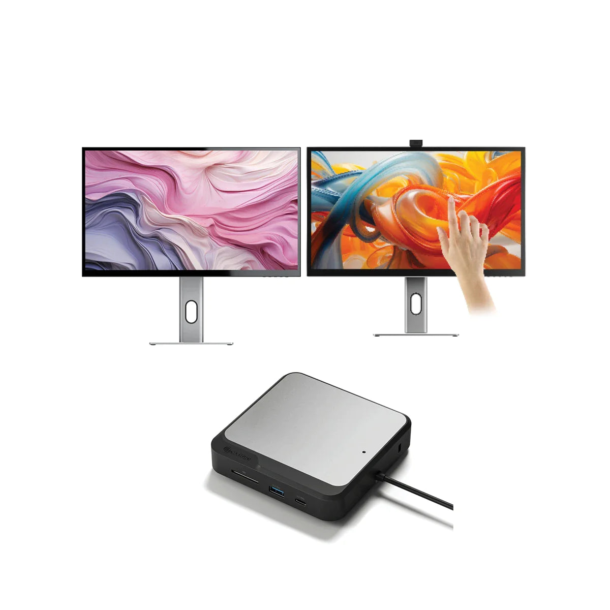 CLARITY 27" UHD 4K Monitor + Clarity Pro Touch 27" UHD 4K Monitor with 65W PD, Webcam and Touchscreen + Dual 4K Universal Docking Station“ DisplayPort Edition