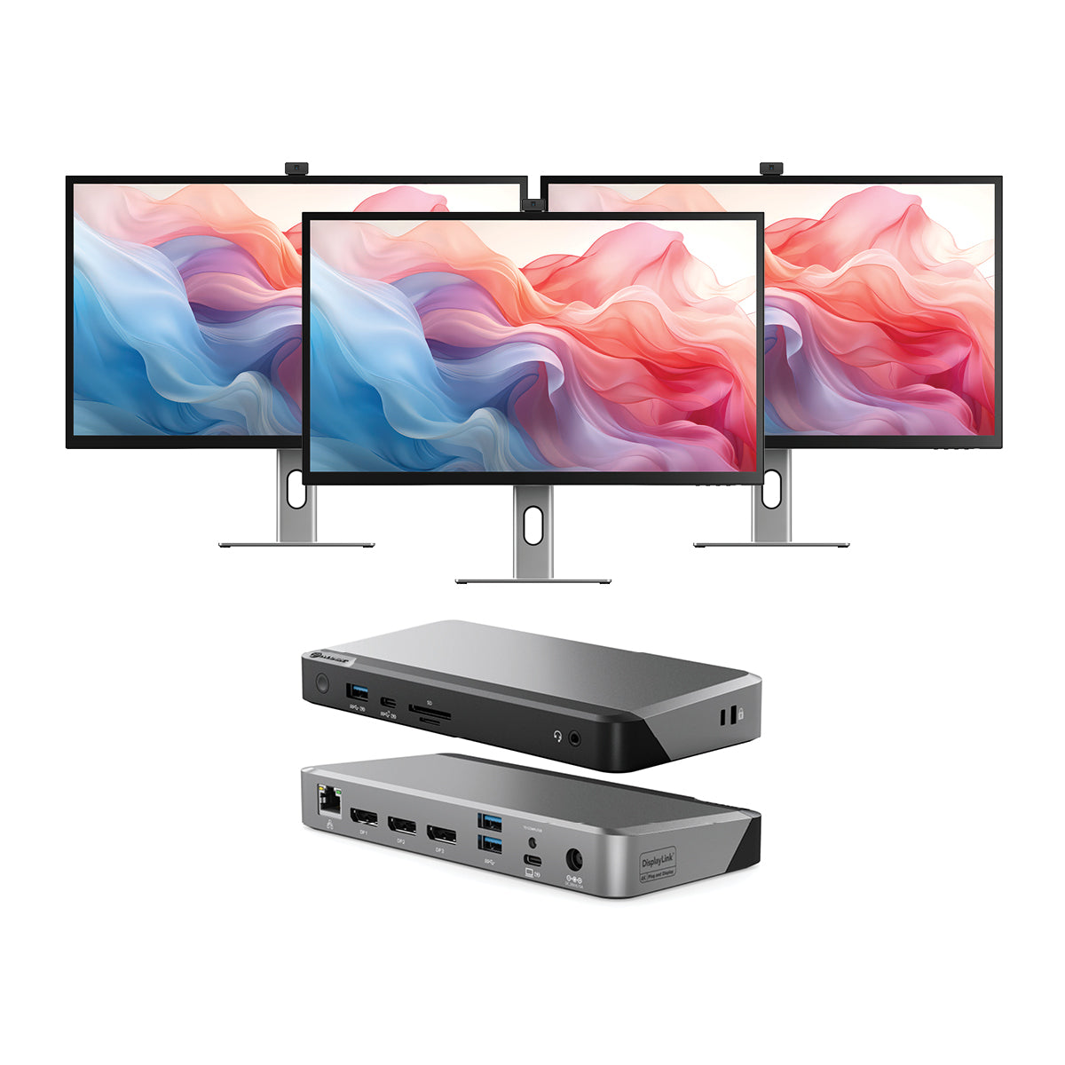 Clarity Max Touch 32" UHD 4K Monitor with USB-C Power Delivery, Webcam and Touch Screen (Pack of 2) + DX3 Triple 4K Display Universal Docking Station – with 100W Power Delivery