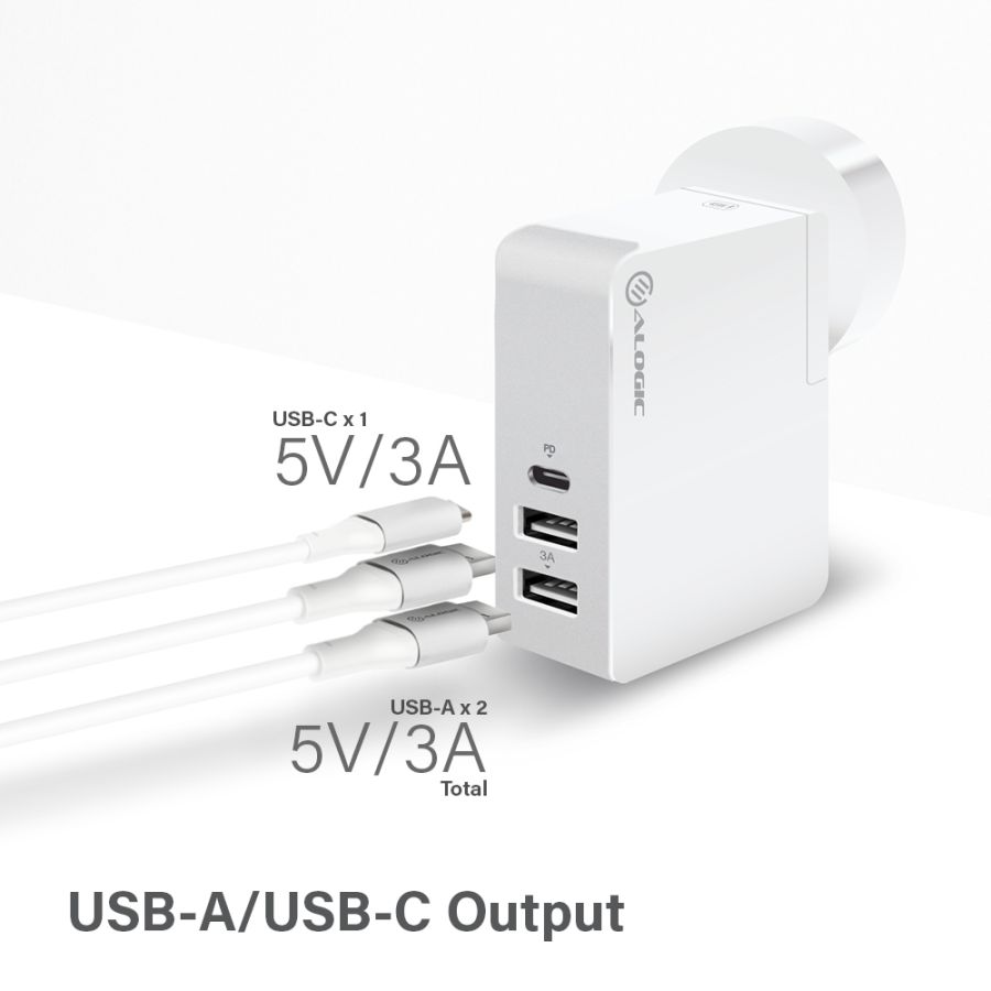 USB-C Laptop/Macbook Wall Charger 45W with Power Delivery & USB-A Charging Ports - Travel Edition with AU, EU, UK, US Plugs